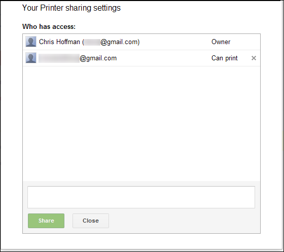 Поле ввода e‑mail для предоставления доступа к принтеру