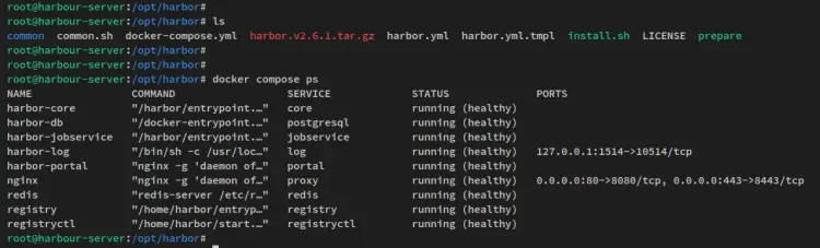 Состояние контейнеров Harbor: все сервисы запущены