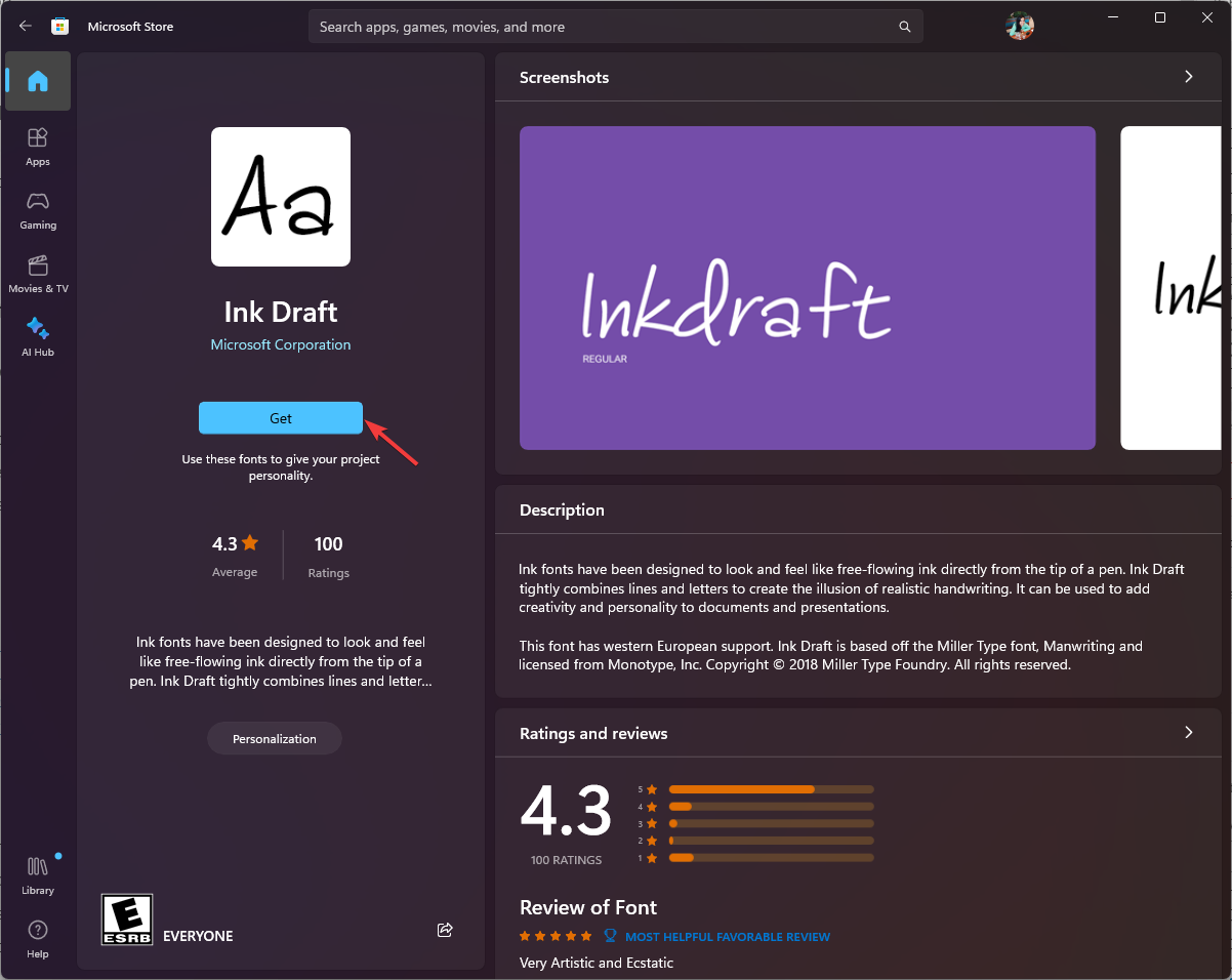 Кнопка «Получить» для установки шрифта