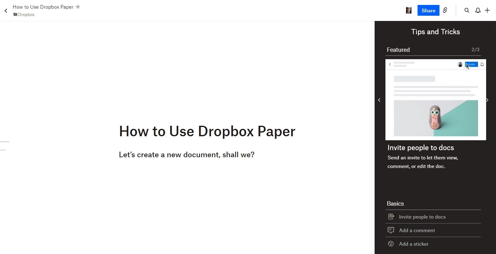 Новый документ, созданный в Dropbox Paper
