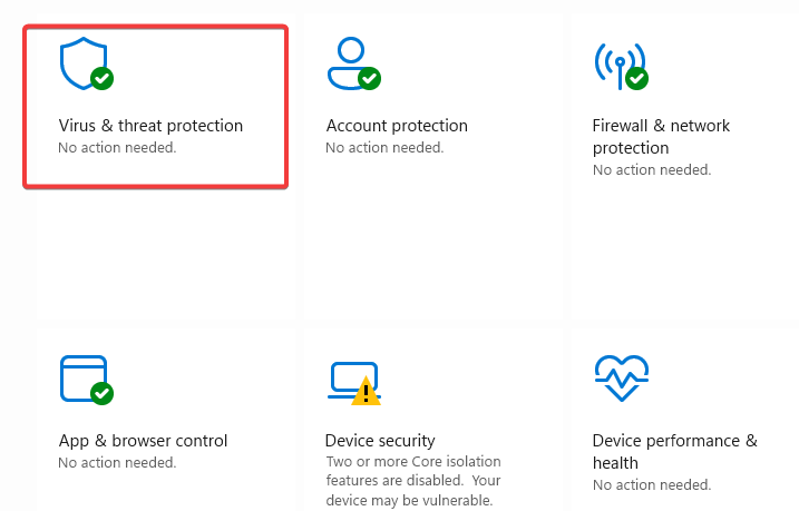 Раздел 'Защита от вирусов и угроз' в 'Безопасности Windows'