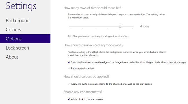 Опции Decor8: строки и часы на экране Пуск