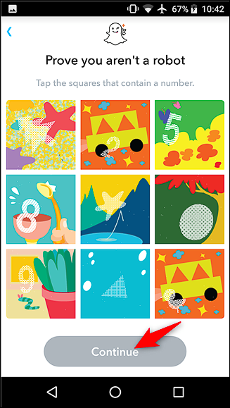 Проверка на робота в мобильном приложении Snapchat