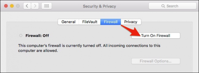 Кнопка для включения брандмауэра в macOS