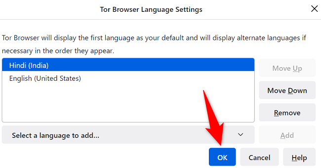 Кнопка «OK» в окне настроек языка Tor Browser.
