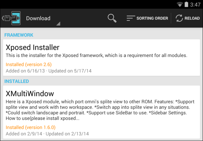 Процесс установки XMultiWindow через Xposed Installer