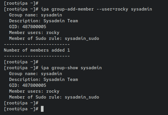 Добавление пользователя rocky в группу sysadmin