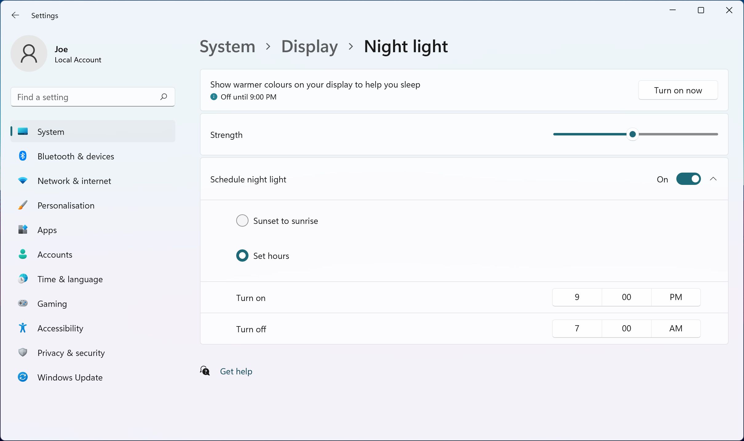 ночной режим Windows 11 с тёплым оттенком экрана