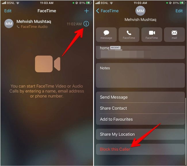 iPhone: контакт в FaceTime и кнопка информации
