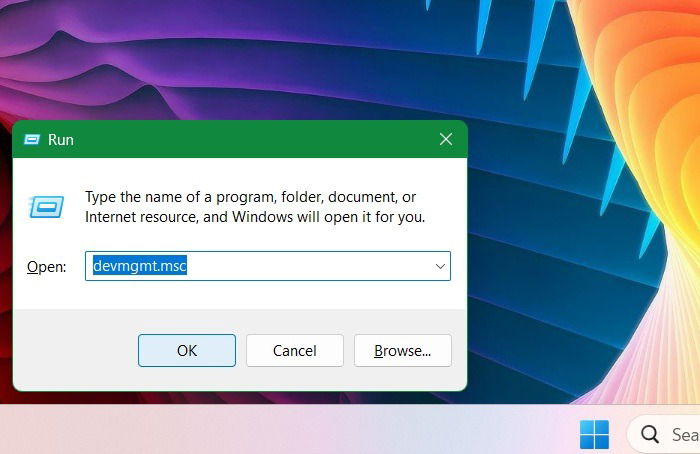 Ввод команды devmgmt.msc в окне Выполнить.
