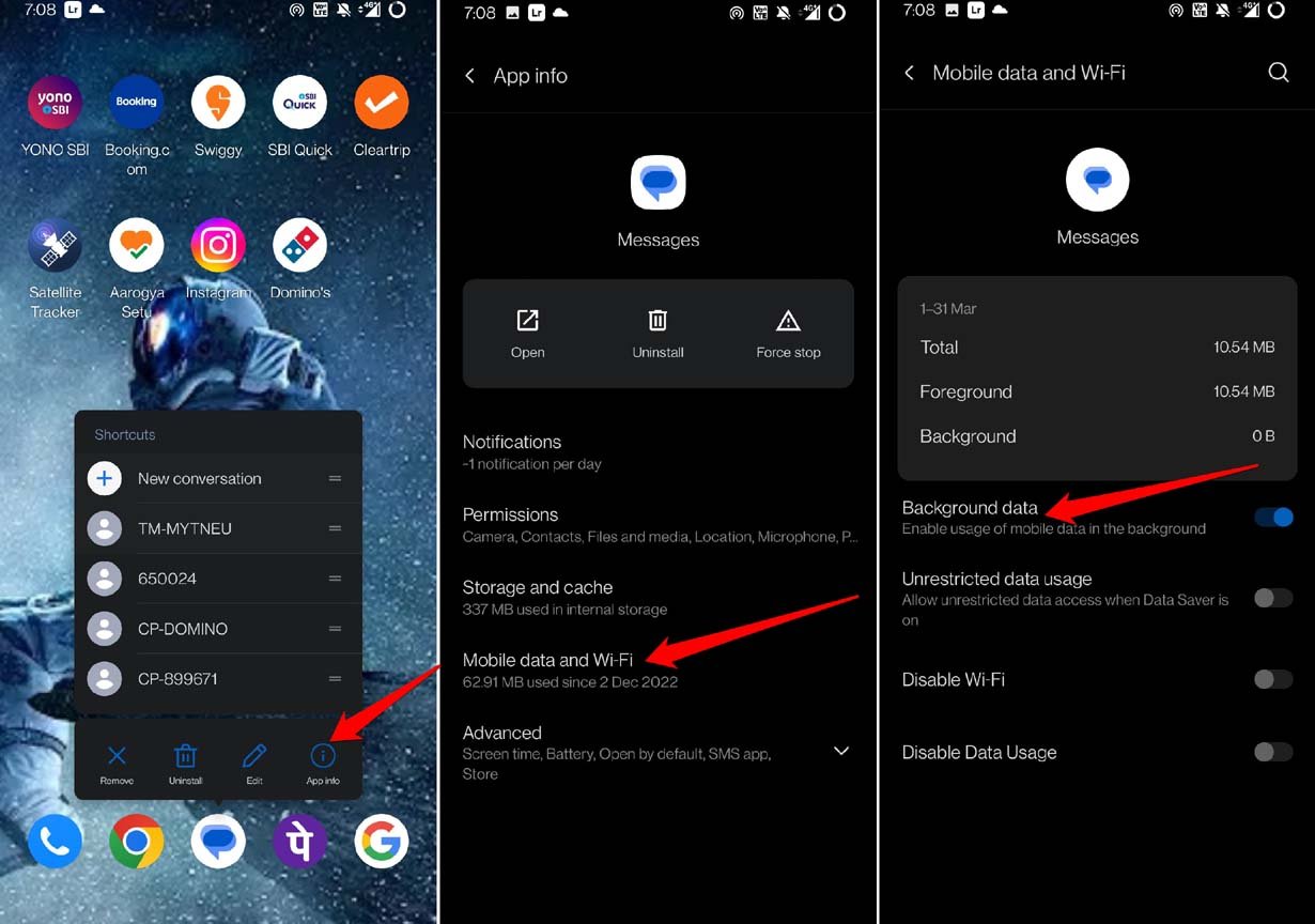Включение фоновых данных для приложения 'Сообщения' на Android.