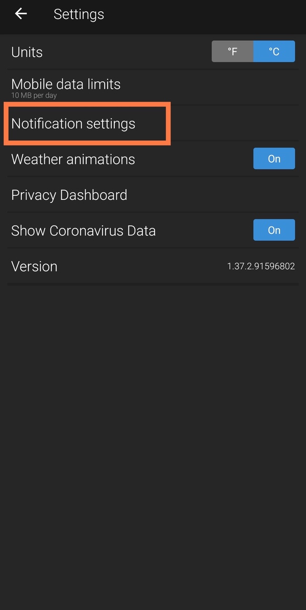 Открыть настройки уведомлений Yahoo Weather