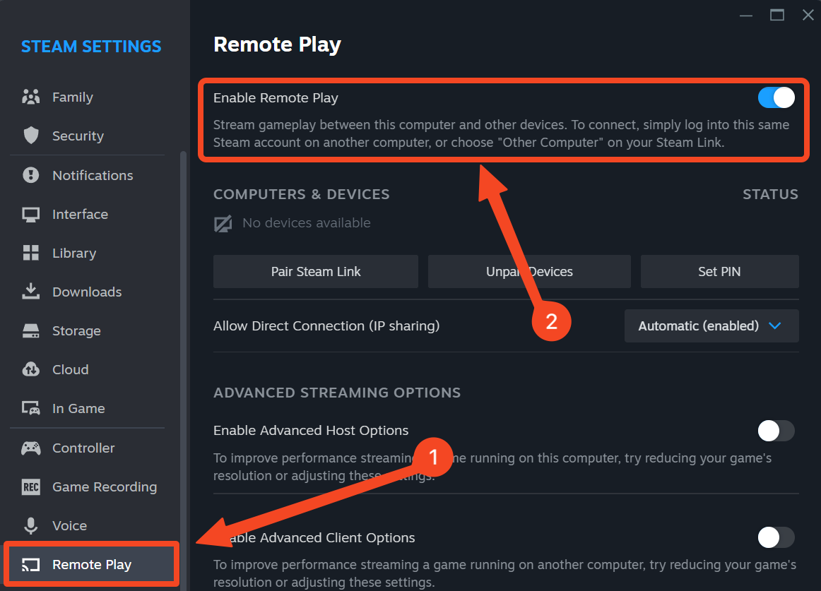 Вкладка Remote Play в Steam. 