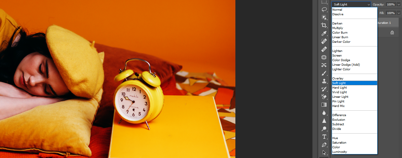 Меню выбора режима смешивания, выбран Soft Light