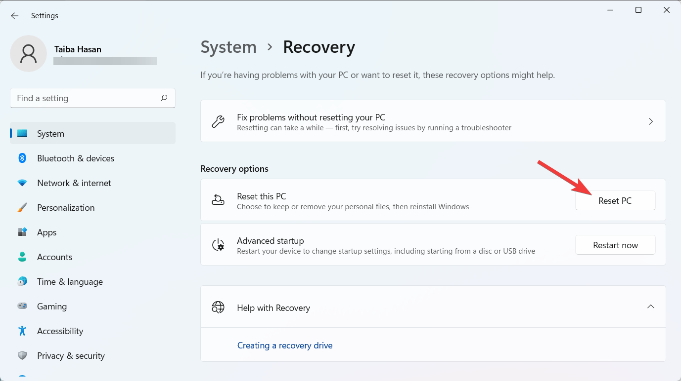 Кнопка Reset this PC в параметрах восстановления