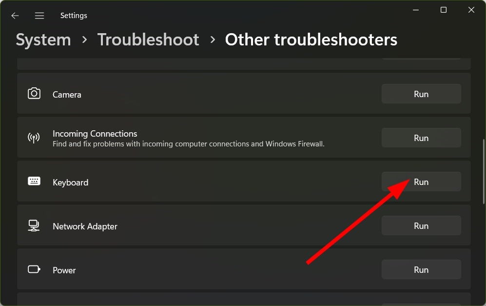 Список средств устранения неполадок клавиатуры в параметрах Windows