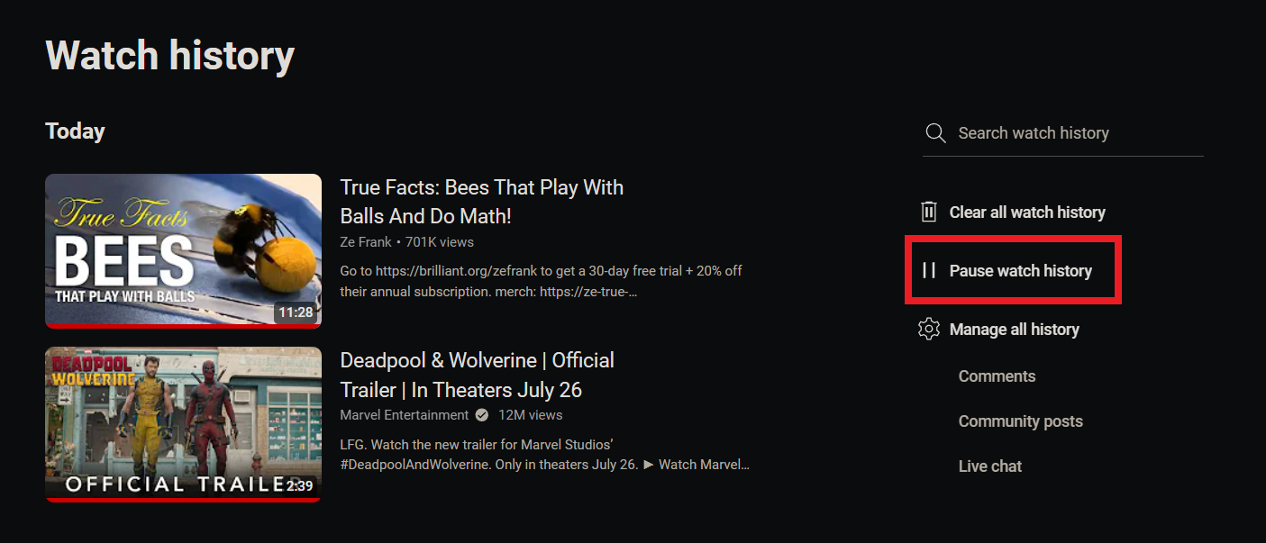 опция приостановить историю просмотров на сайте YouTube