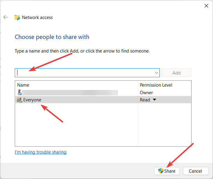 Окно Network access для выбора пользователей доступа