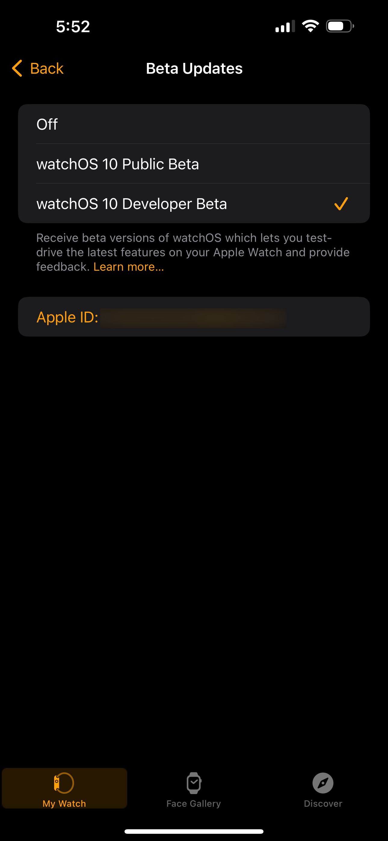 Выбор beta-обновлений в приложении Watch