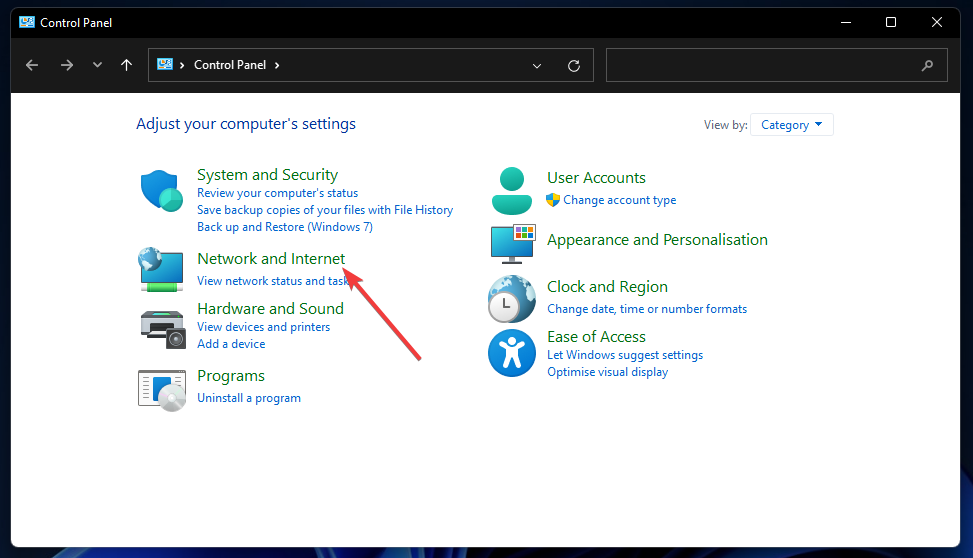 Раздел Сеть и Интернет в Панели управления