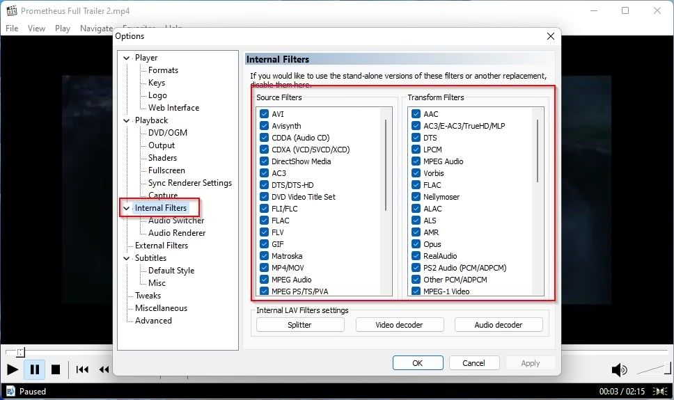 Список внутренних фильтров MPC-HC с отключенными опциями