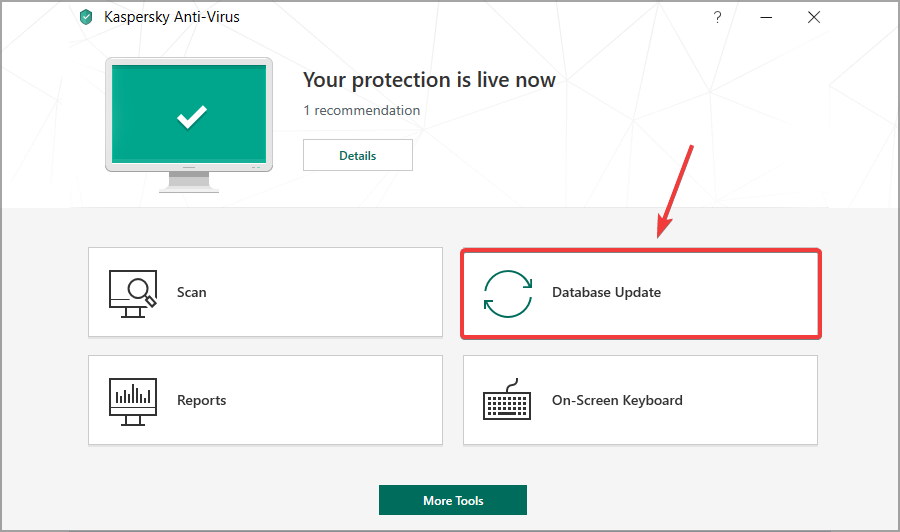 Кнопка запуска обновления баз в Kaspersky