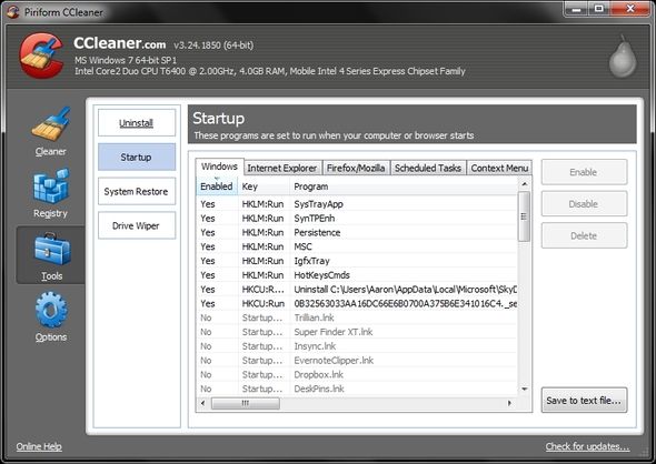 CCleaner — инструменты: Автозагрузка и очистка