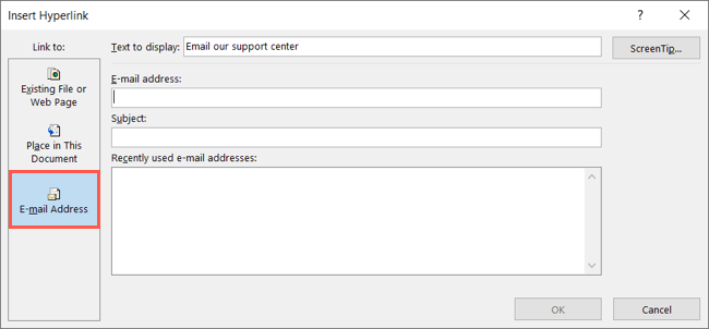 Опция «Адрес электронной почты» в окне вставки ссылки