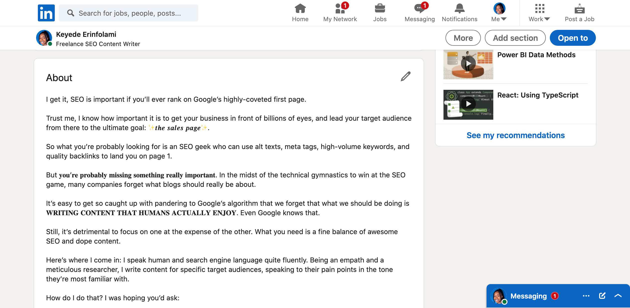 Текст LinkedIn с жирным и курсивным оформлением