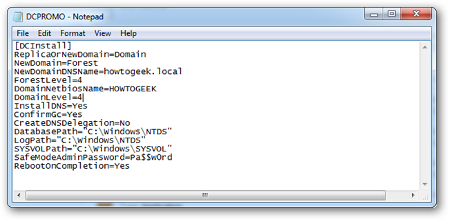 Пример файла ответов DCPROMO.txt