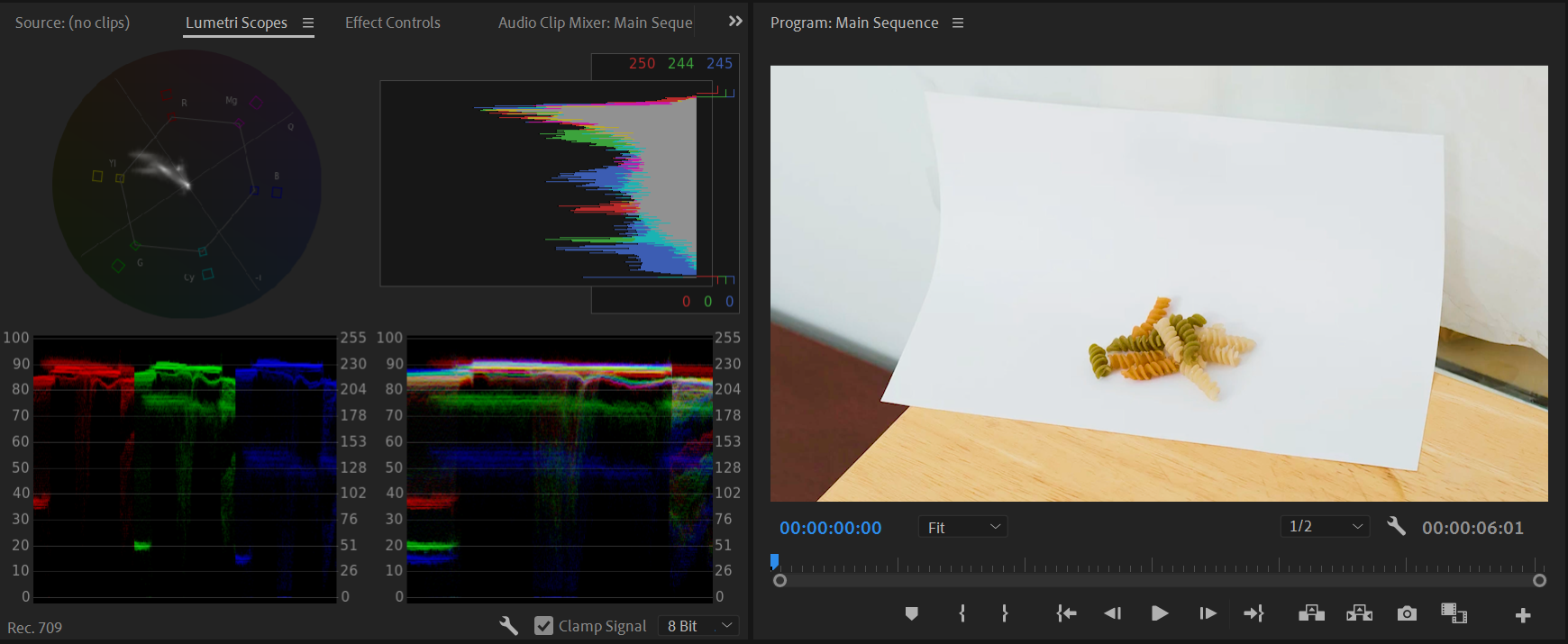 Настройка теней и чёрных значений в Lumetri с просмотром на волновой форме