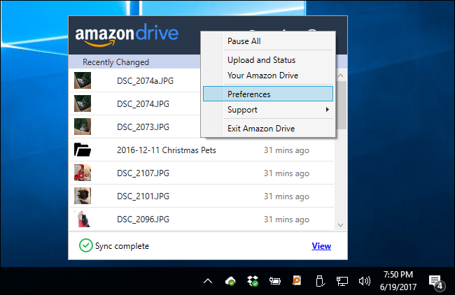 Настройки приложения Amazon Drive: смена папки синхронизации