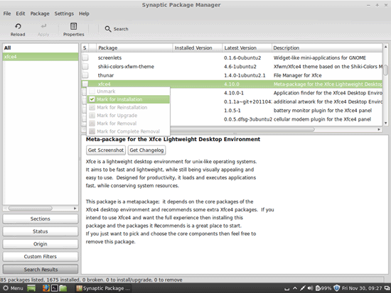 Контекстное меню пакета xfce4 с опцией отметить для установки
