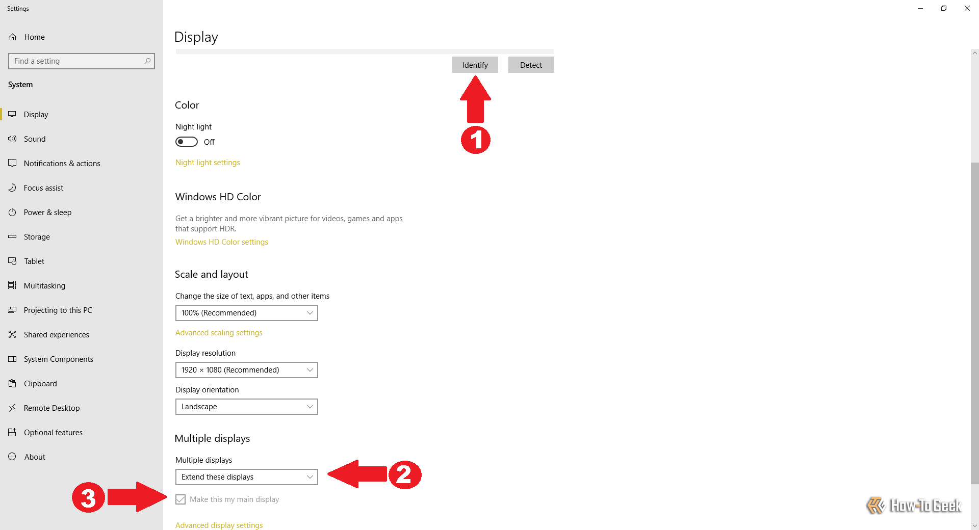 Определение и настройка мониторов в Windows: 'Сделать главным дисплеем' и 'Расширить эти экраны'.