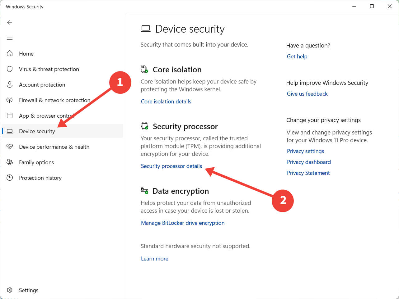 Переход к разделу сведений о процессоре безопасности в Windows Security.
