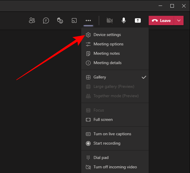 Параметры устройства в окне встречи Teams