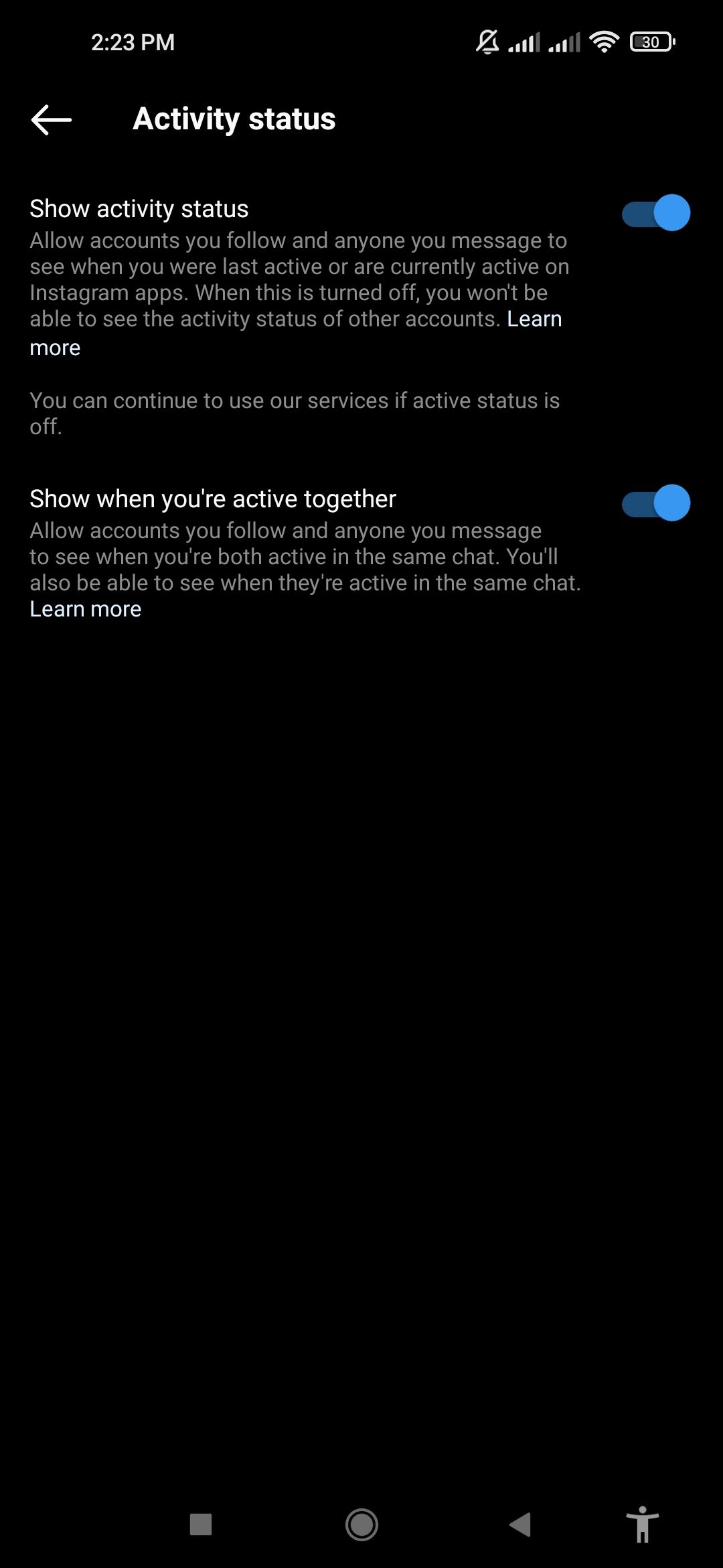 Параметры статуса активности в Instagram