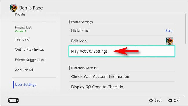 Экран настроек Switch с пунктом Play Activity Settings.