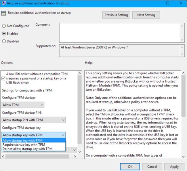 Окно с опцией Allow Startup Key With TPM