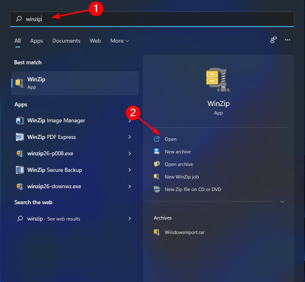 Поиск WinZip в Windows