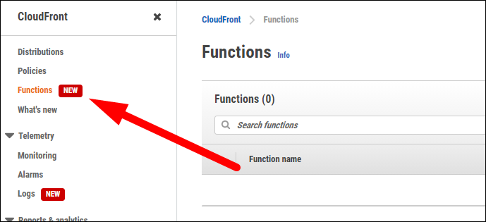 Экран создания функции в консоли CloudFront