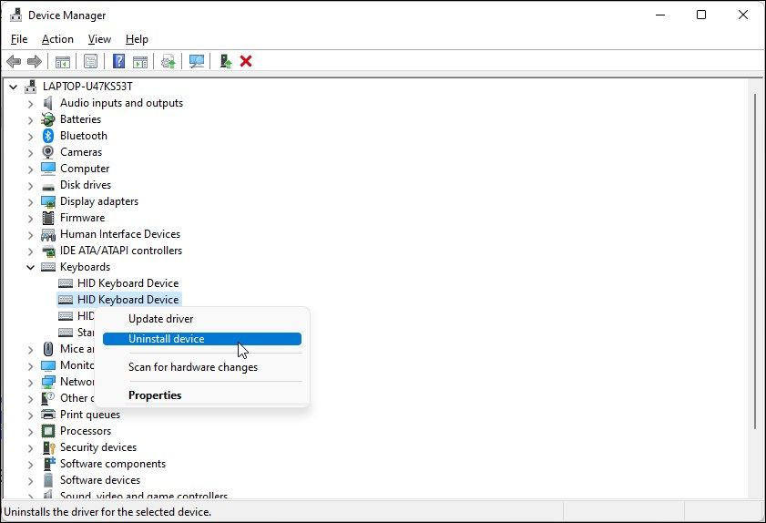 Удаление устройства клавиатуры в Диспетчере устройств
