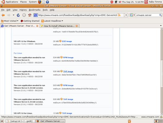 Сохранение TAR-образа VMware Server на рабочем столе Ubuntu