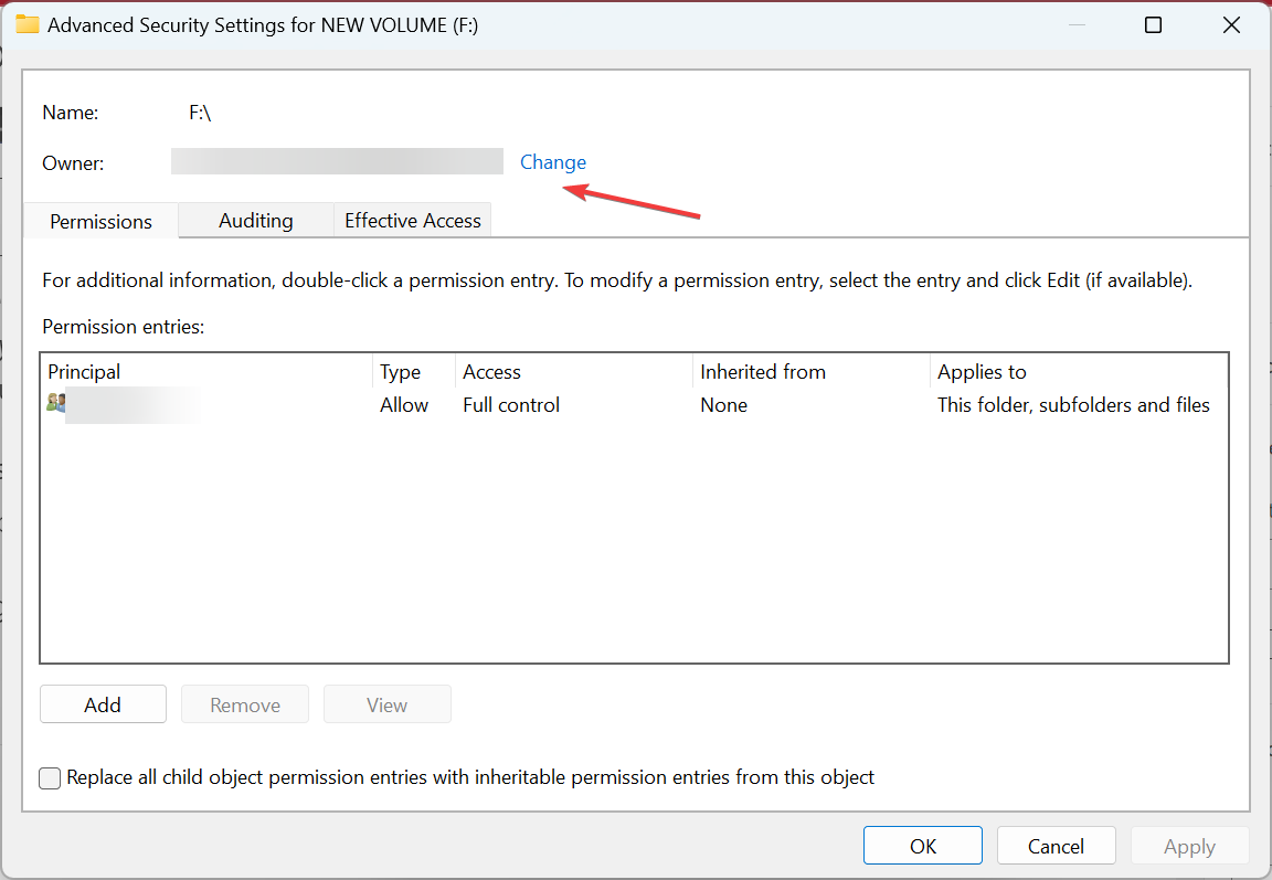 Кнопка Изменить владельца