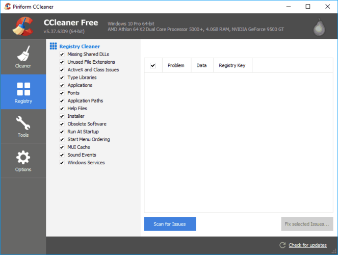 Интерфейс очистки реестра в CCleaner