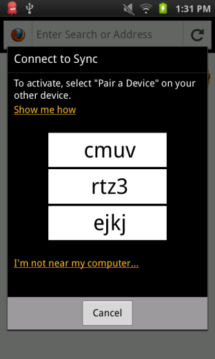 Экран сопряжения устройства в мобильном Firefox