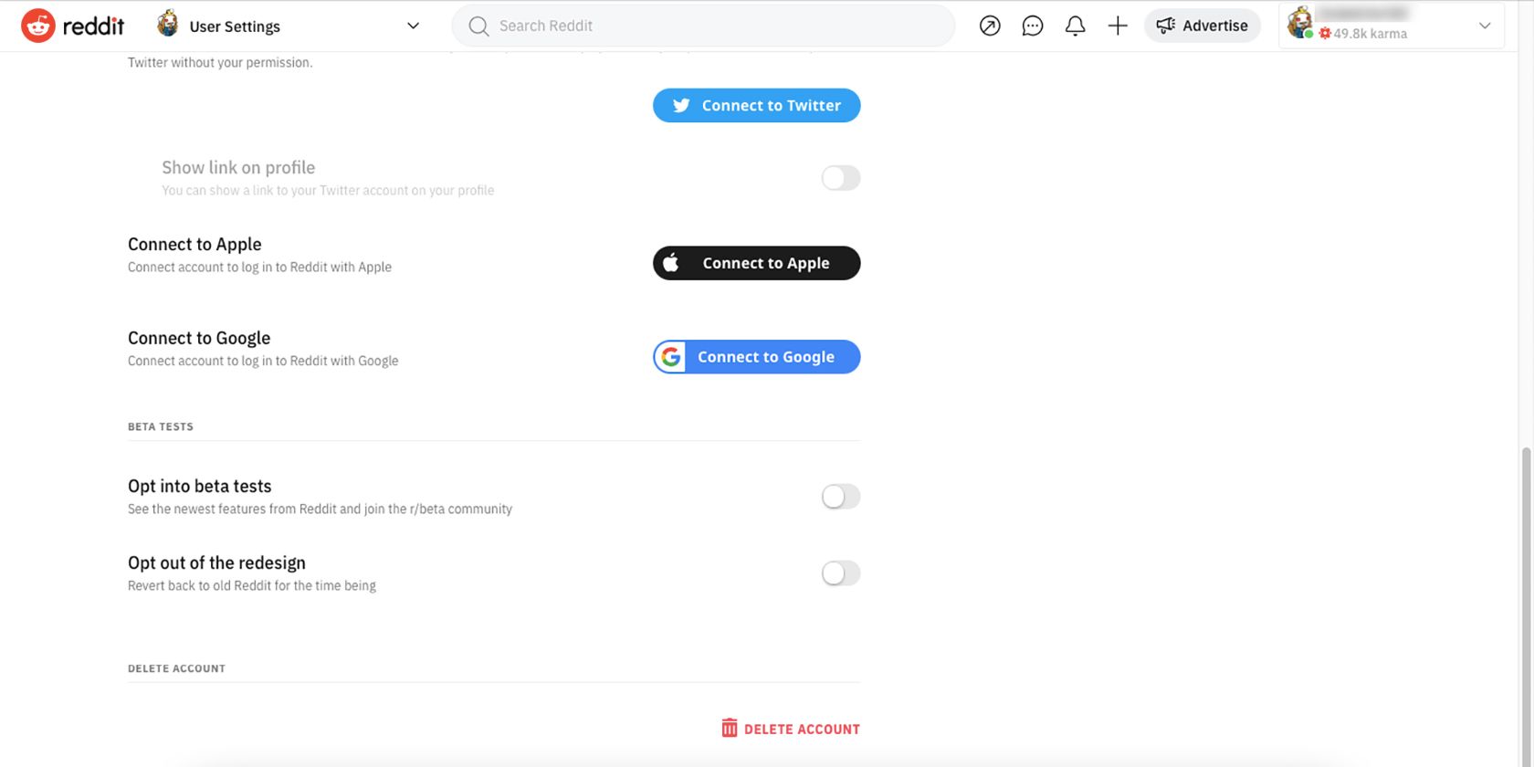 Delete Reddit account option in Reddit settings.