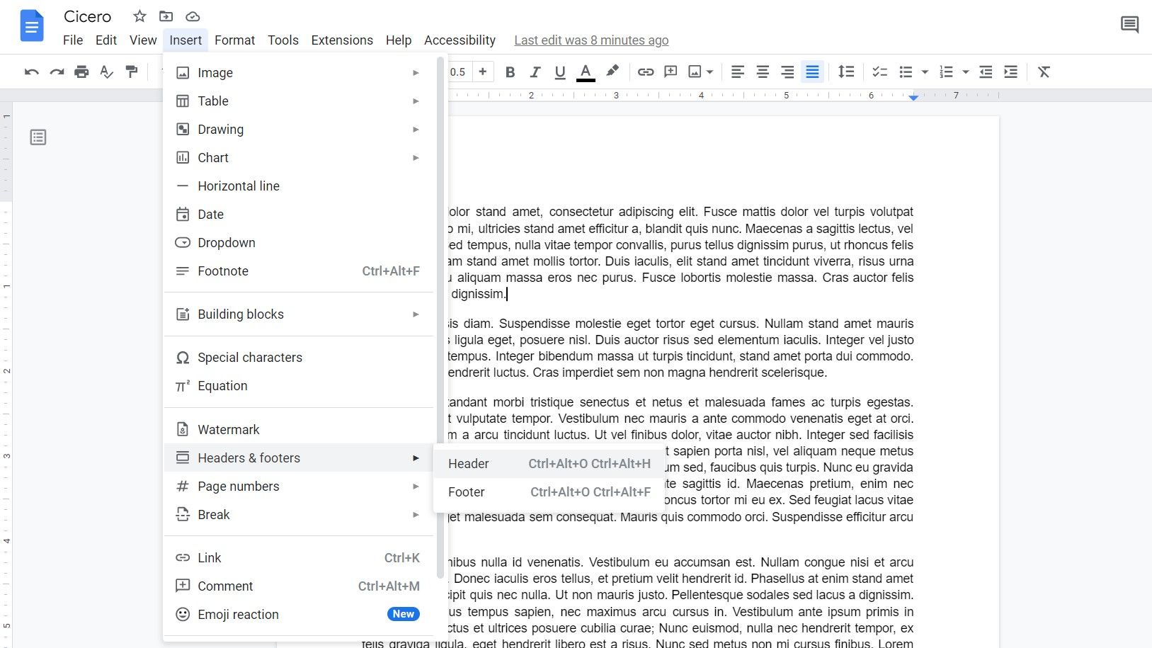 Вставка верхнего или нижнего колонтитула в Google Docs