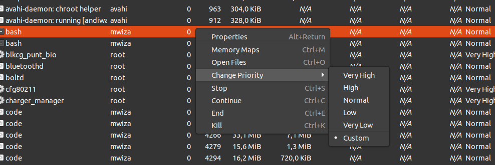Изменение приоритета процесса в System Monitor GNOME