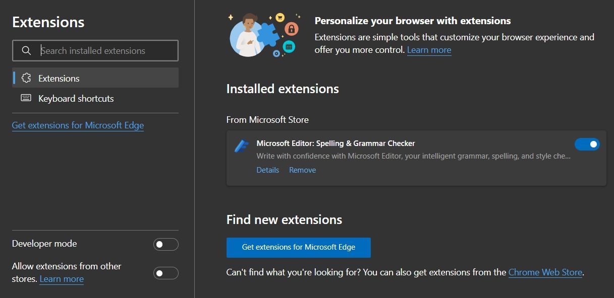 Страница расширений Microsoft Edge